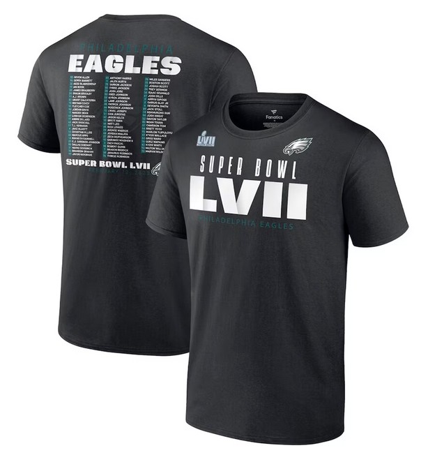 Men's Philadelphia Eagles Black Super Bowl LVII Varsity Roster T-Shirt - Click Image to Close